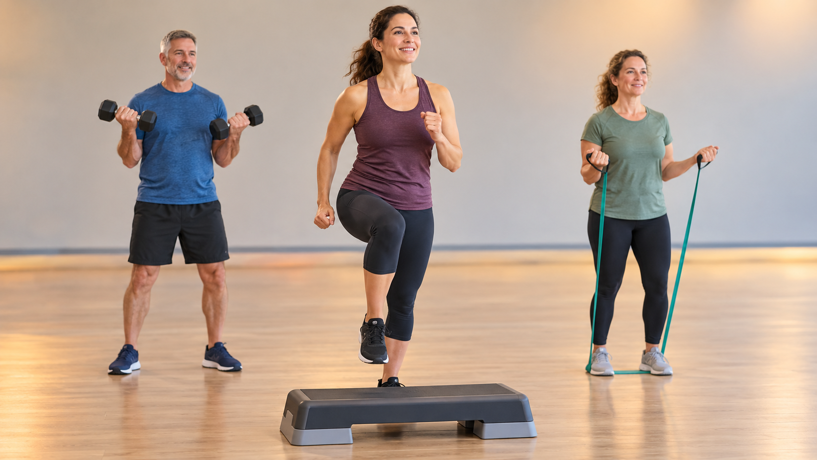 Three adults exercise in a fitness studio using a step platform, dumbbells and a resistance band.