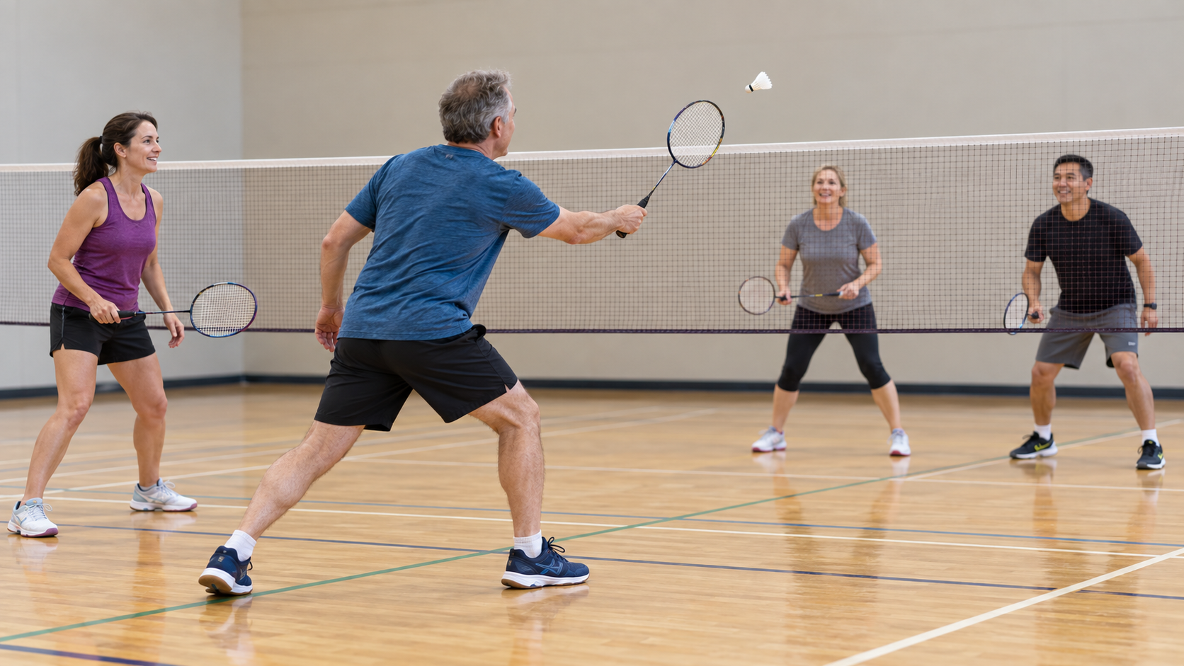 Four adults enjoy a doubles badminton rally in a gymnasium, with a shuttlecock above the net and players ready to return it.