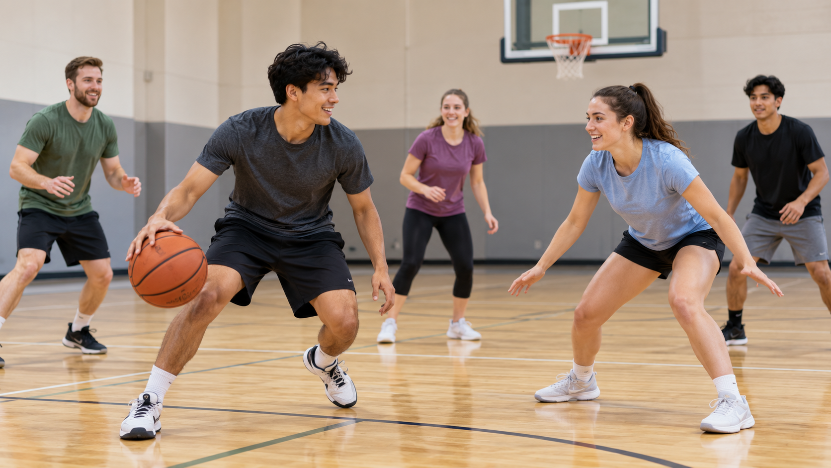 Five participants enjoy a recreational basketball game in a gymnasium, with a foreground player dribbling as another prepares to defend.