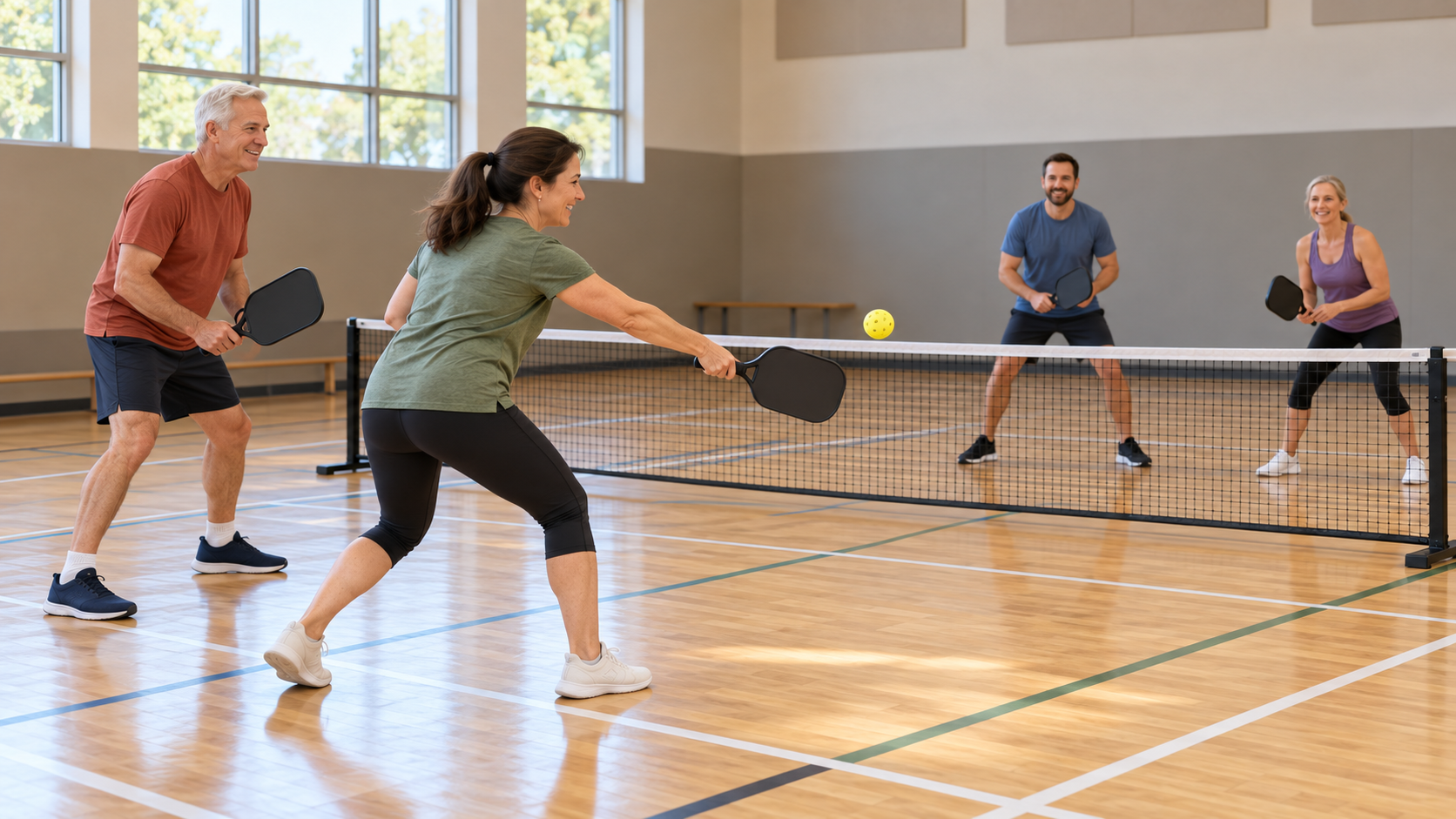 Four smiling adults play doubles pickleball in a gymnasium, with a foreground woman extending her paddle toward a yellow perforated ball above the net.