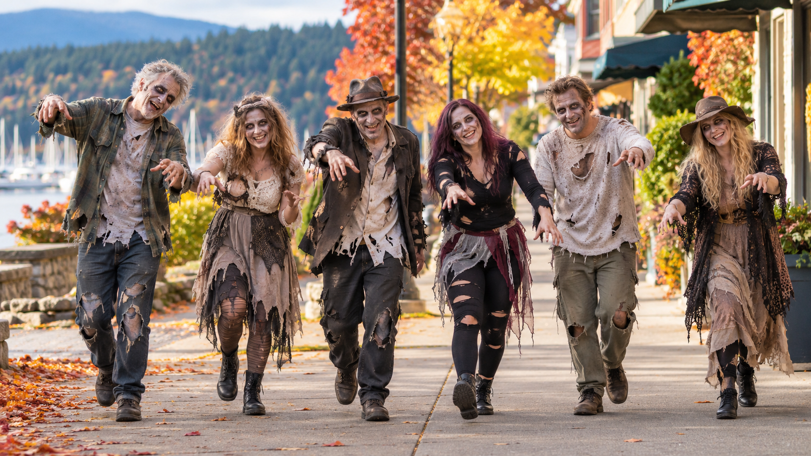 Six adults in ragged zombie costumes and theatrical makeup walk toward the camera along a sidewalk lined with autumn trees.