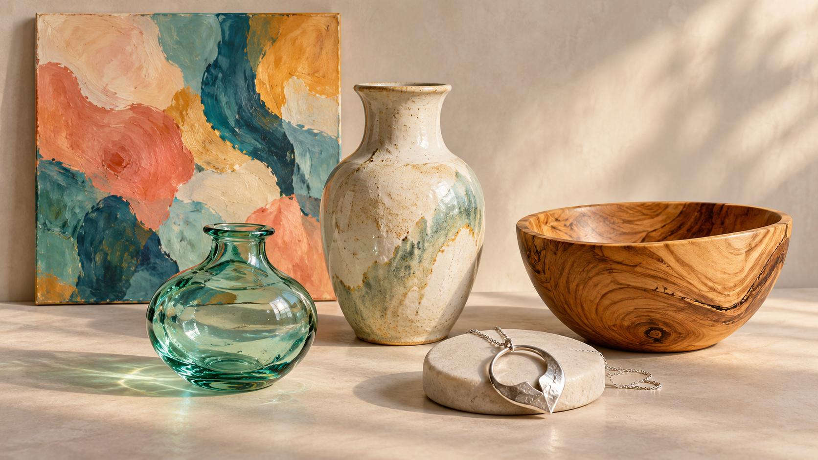 An abstract painting, cream ceramic vase, green glass vessel, silver pendant and wooden bowl arranged in warm light.
