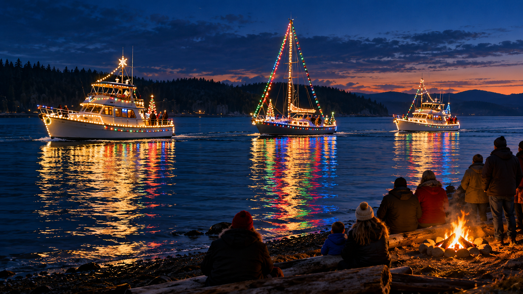 Three boats decorated with colourful Christmas lights pass a shoreline where bundled spectators watch beside a bonfire, with lights reflected across the water.