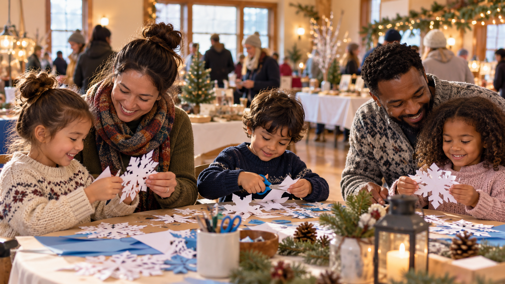 Three children and two adults make paper snowflakes at a craft table, with winter market stalls and warm decorative lights behind them.