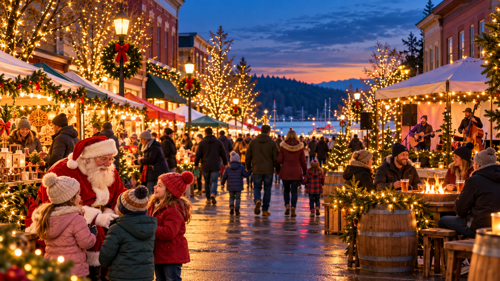 A festive evening street scene in downtown Ladysmith with Christmas market stalls, twinkling lights, families walking through the street, children gathered with Santa, live music under a canopy, and adults enjoying drinks in a cozy outdoor gathering area.