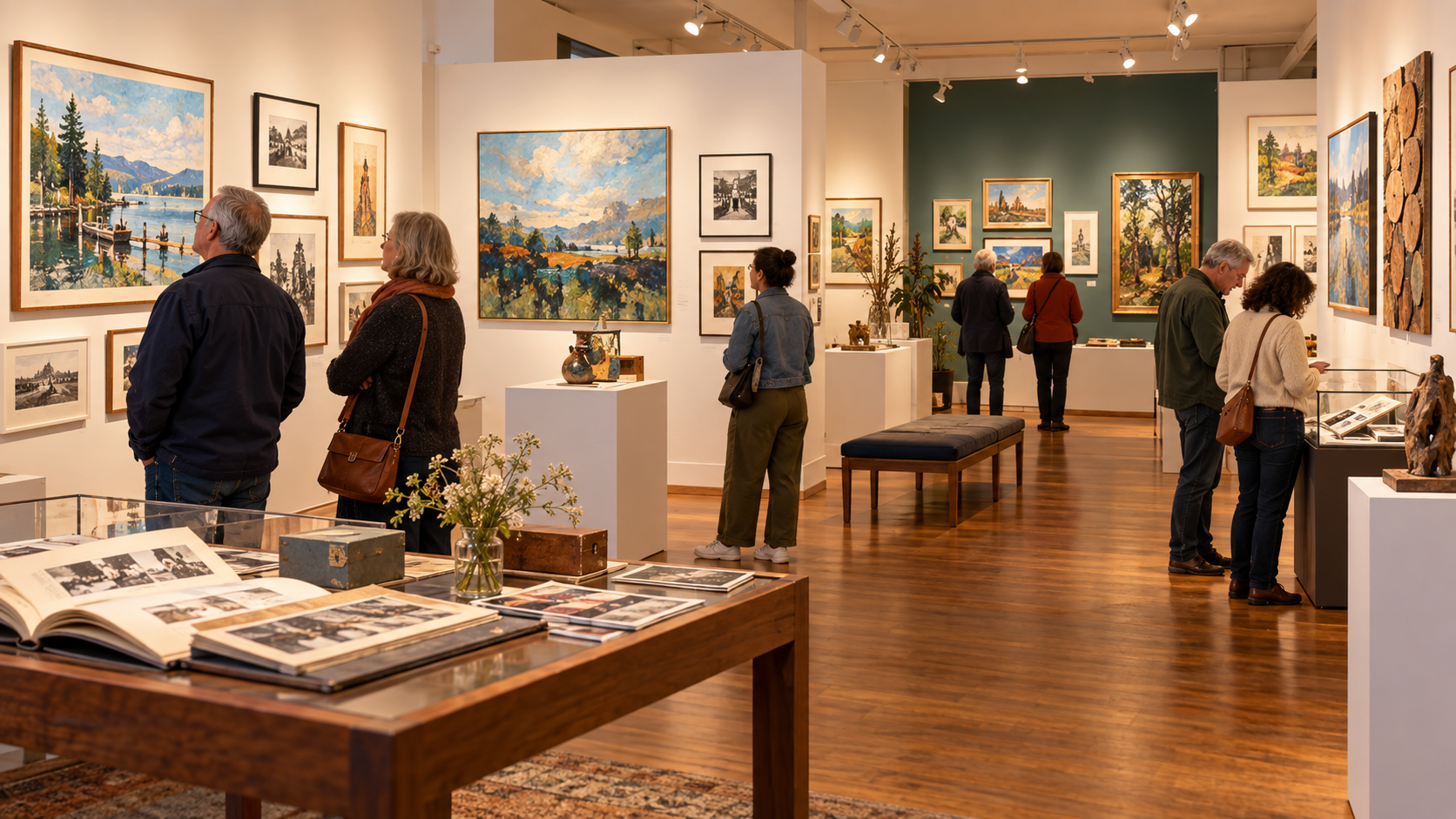 Visitors explore a warmly lit community art gallery filled with framed paintings, photographs, sculptures and archival-style displays, with several people viewing artwork and examining historical photo materials.