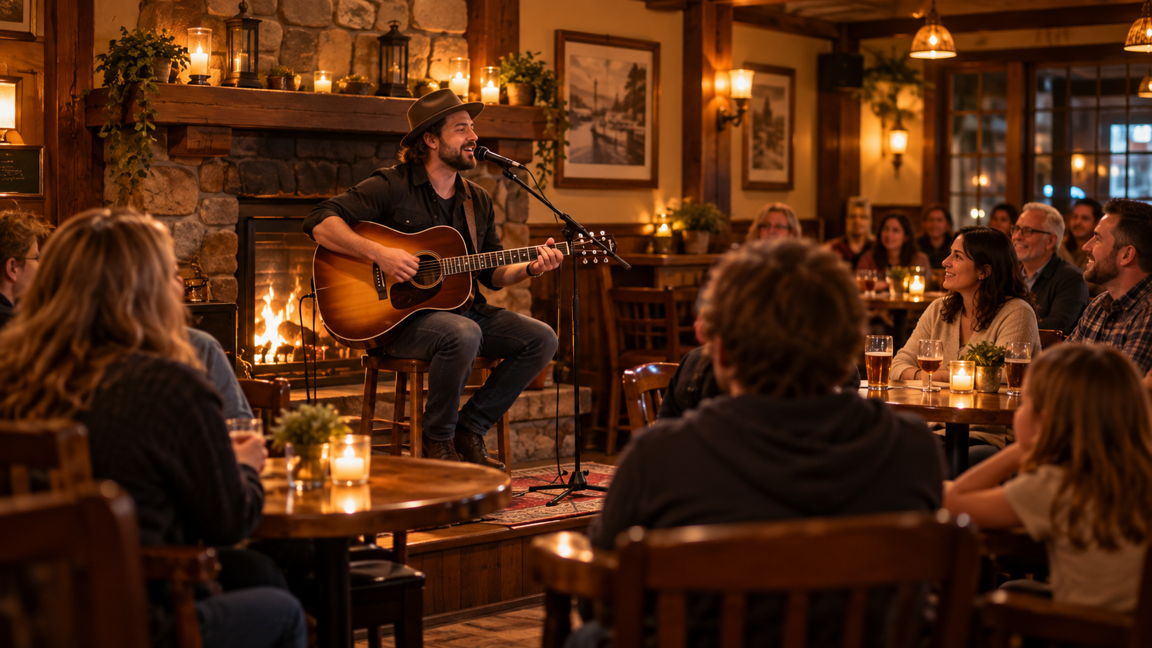 A guitarist performs acoustic music beside a glowing stone fireplace in a warmly lit pub while adults and children seated at nearby tables watch and enjoy the live performance.