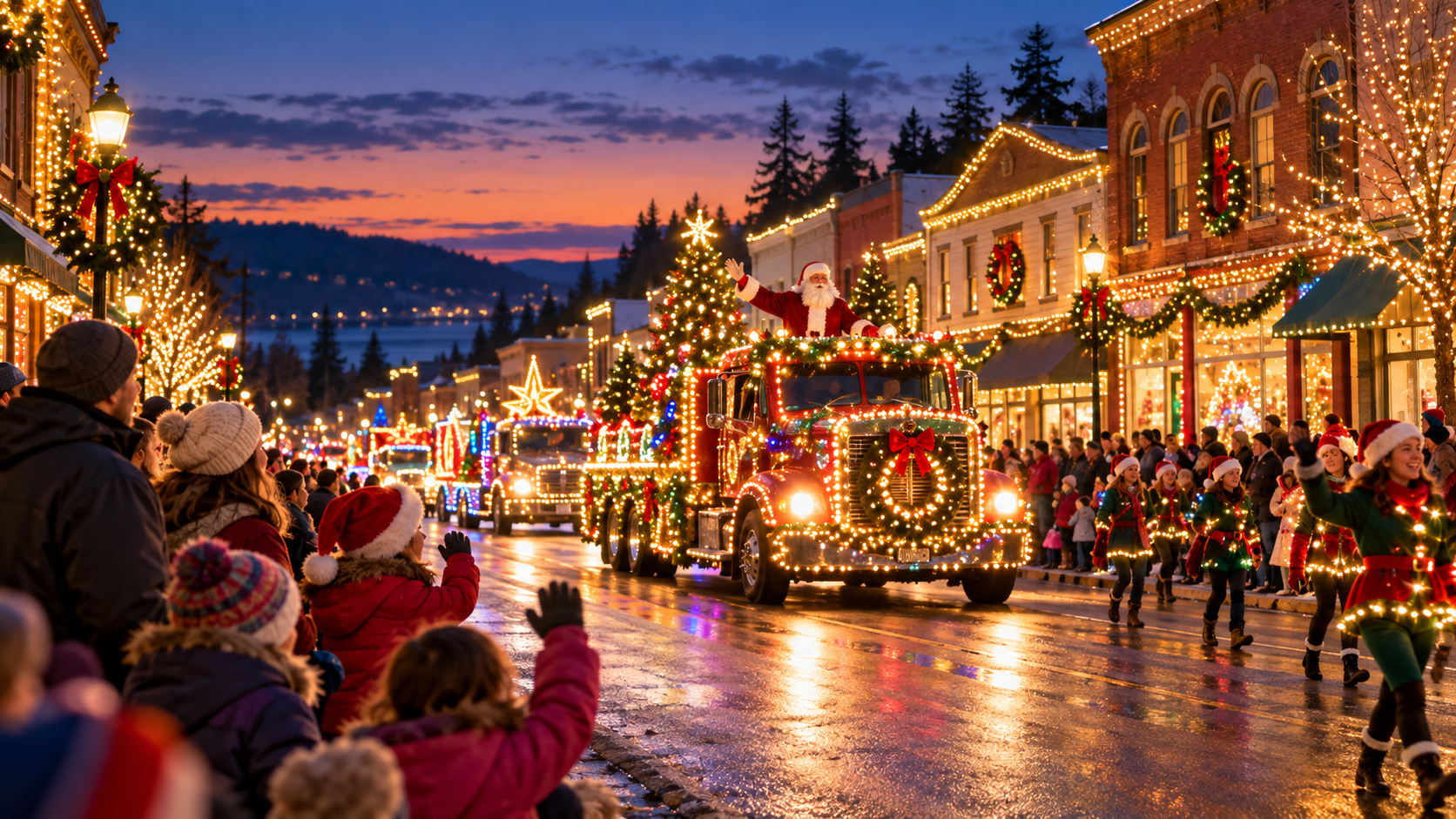 Families line a brightly decorated downtown street at dusk as illuminated parade vehicles and festive walkers move through the Ladysmith Festival of Lights celebration beneath glowing holiday lights.
