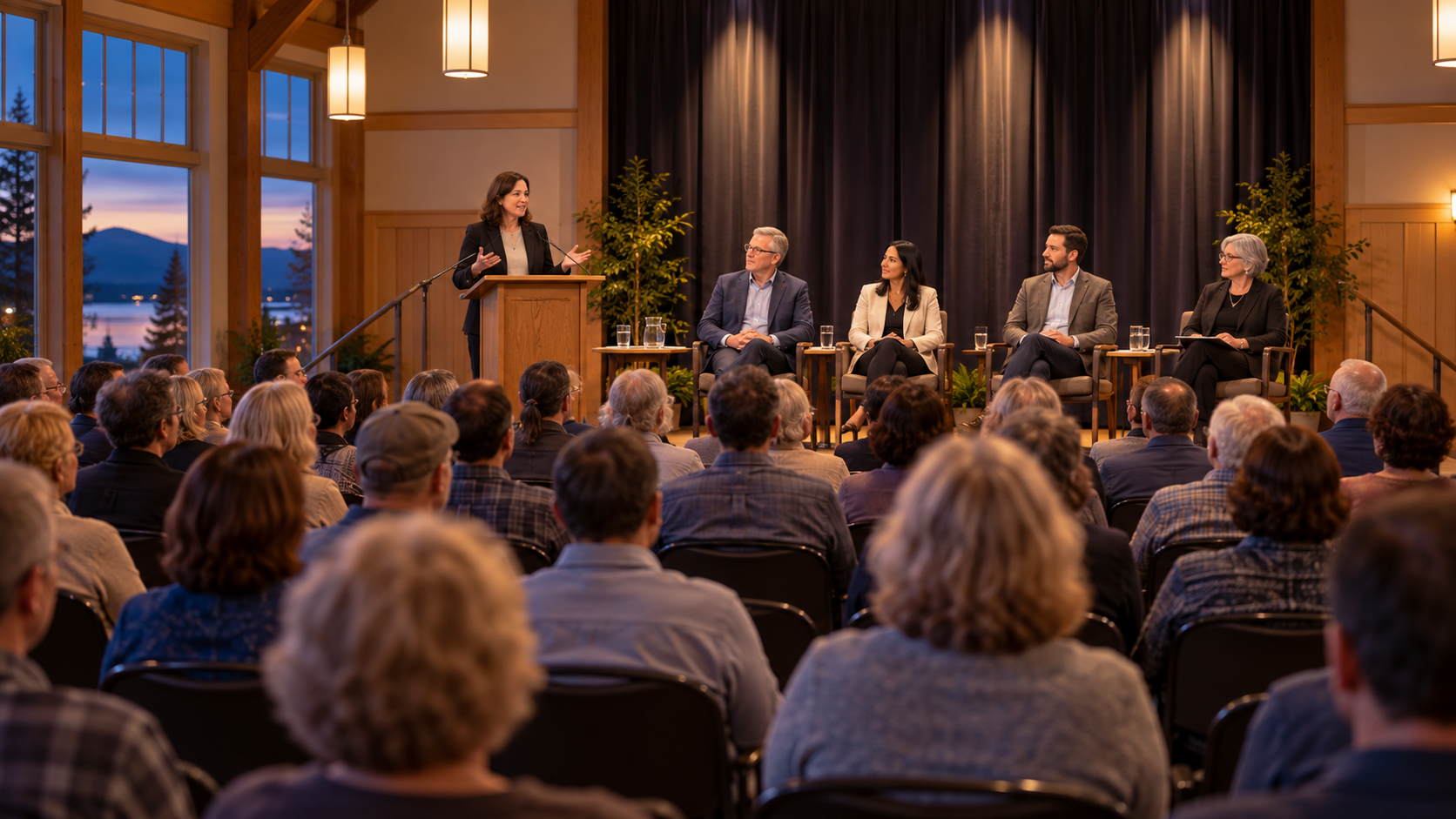 Community members sit in rows at an evening candidates forum while a speaker addresses the audience from a podium and four other candidates sit on stage in a warm community hall setting.