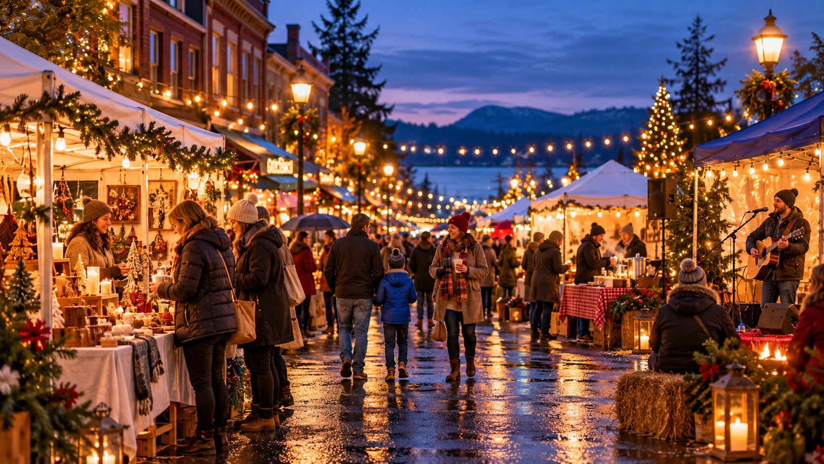 Twilight aerial view of Chemainus and its harbour, with the downtown main street on the right glowing beneath dense Christmas lights while the highway on the left remains normally lit.