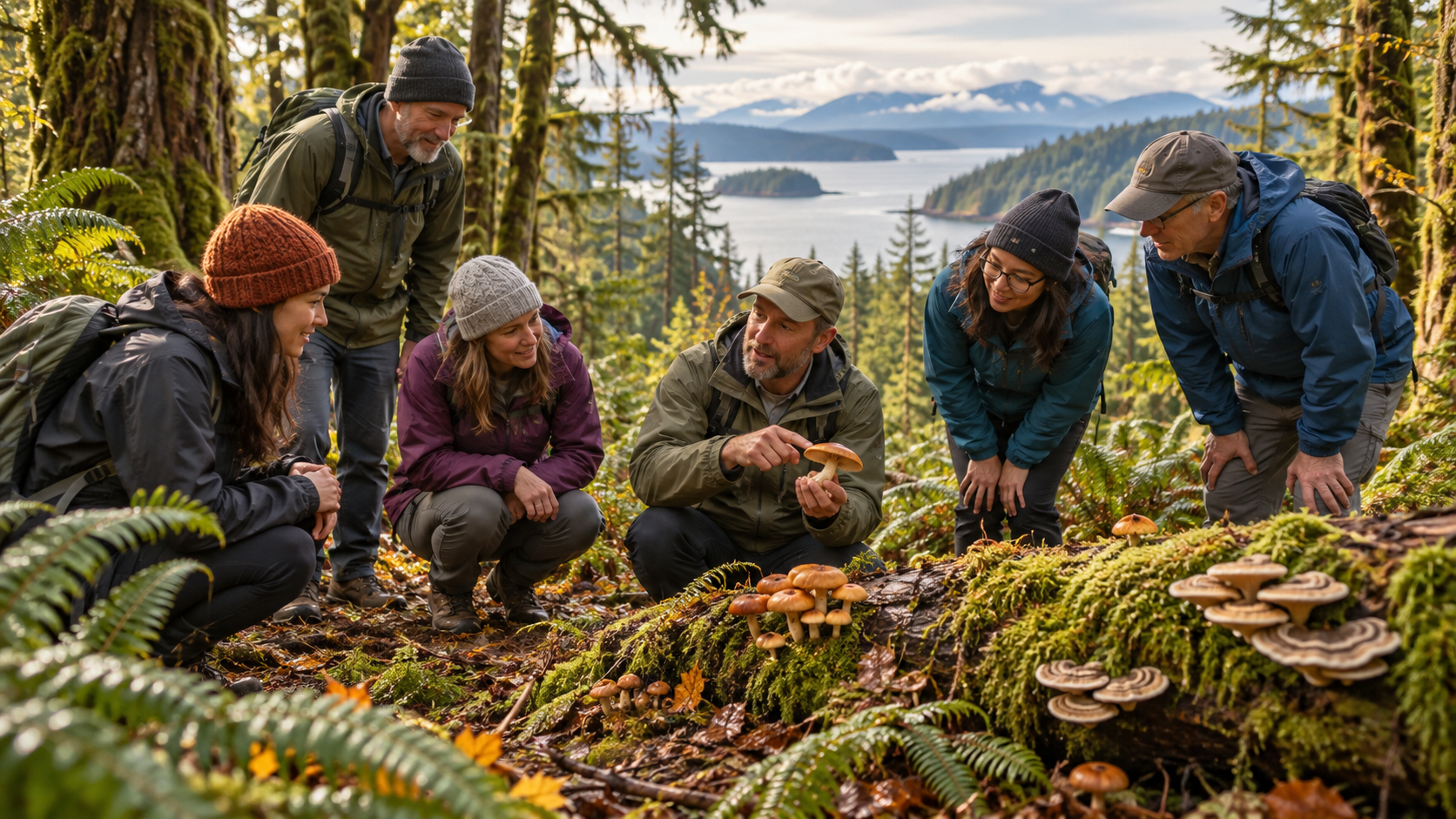 A small group of adults in outdoor clothing gathers on a mossy forest floor while a guide points out mushrooms growing on a fallen log, with ferns, evergreen trees and a coastal landscape in the background.