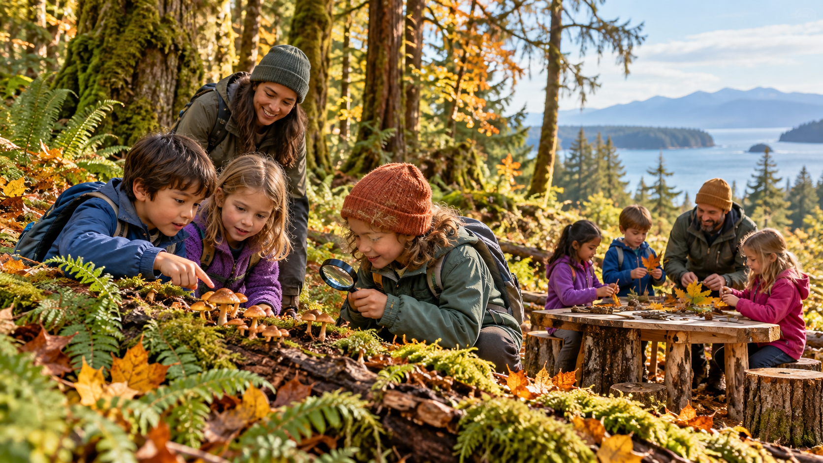 Children explore autumn mushrooms on a mossy forest floor while adult leaders supervise nearby, with other children making nature crafts at a rustic outdoor table in the forest.
