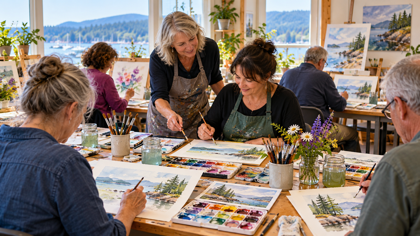 Adults work on watercolor landscape paintings around a shared classroom table while an instructor offers guidance, with brushes, palettes, water jars and finished coastal scenes visible throughout the bright studio.