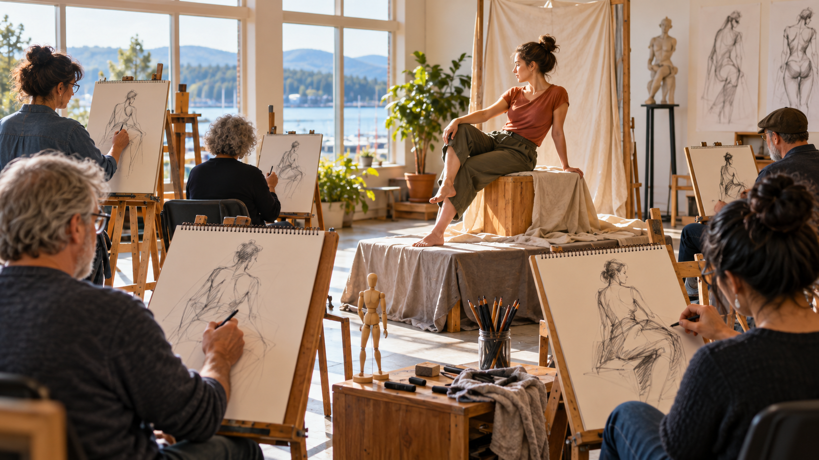 Adults practice gesture and figure drawing in a bright art studio, sketching a seated model from easels while working with pencils and drawing boards.
