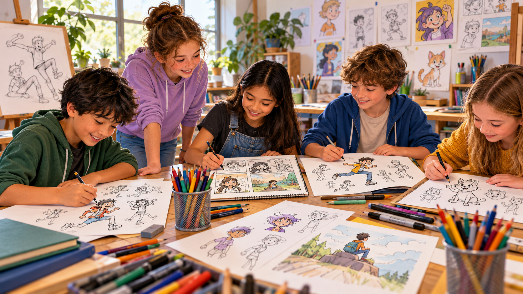 Children ages 10–13 work together around an art table creating original cartoon characters and comic-style scenes with pencils, coloured pencils and markers in a bright classroom.