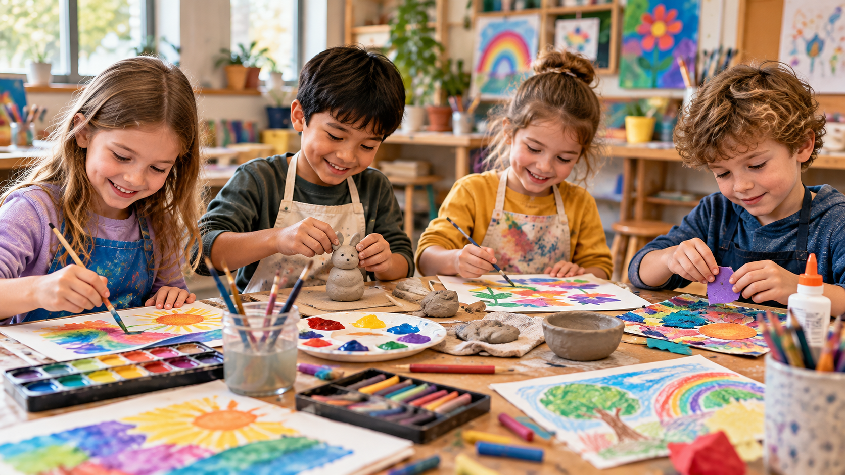 Four children aged approximately 6–8 creating colourful artwork around a classroom table, painting with watercolours, shaping clay sculptures and assembling mixed-media collages surrounded by brushes, paints and pastels.