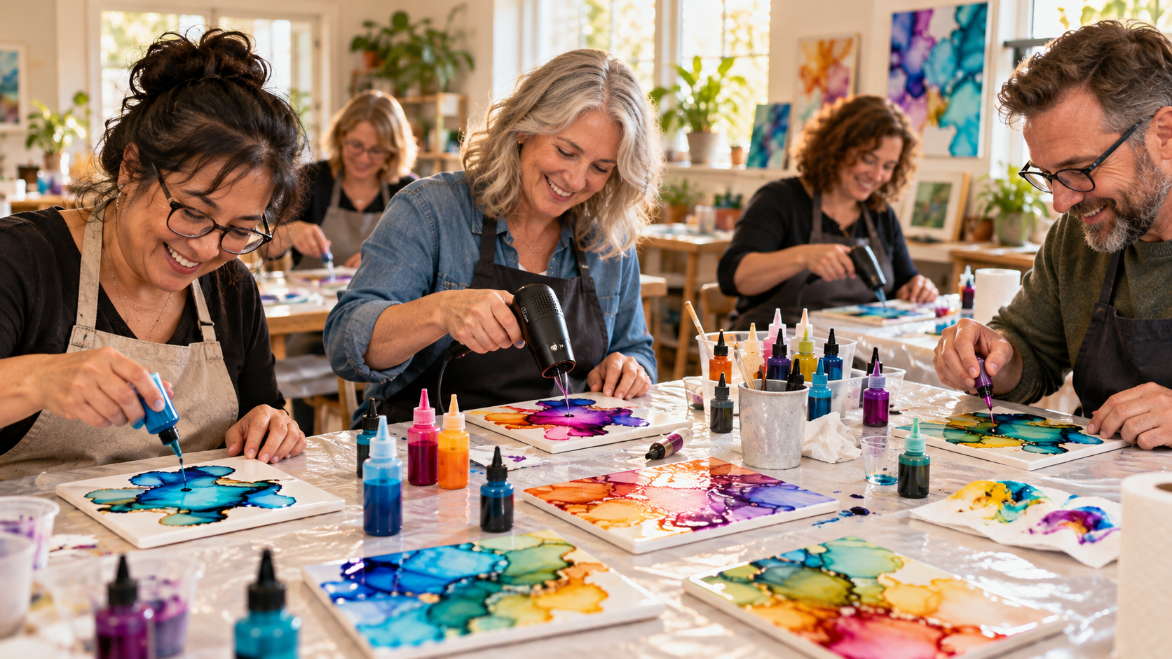 Five adults exploring alcohol ink art in a bright classroom, applying vibrant blue, purple, pink, orange and turquoise inks to ceramic tiles. Participants use ink bottles and handheld airflow tools to create colourful, flowing abstract patterns.