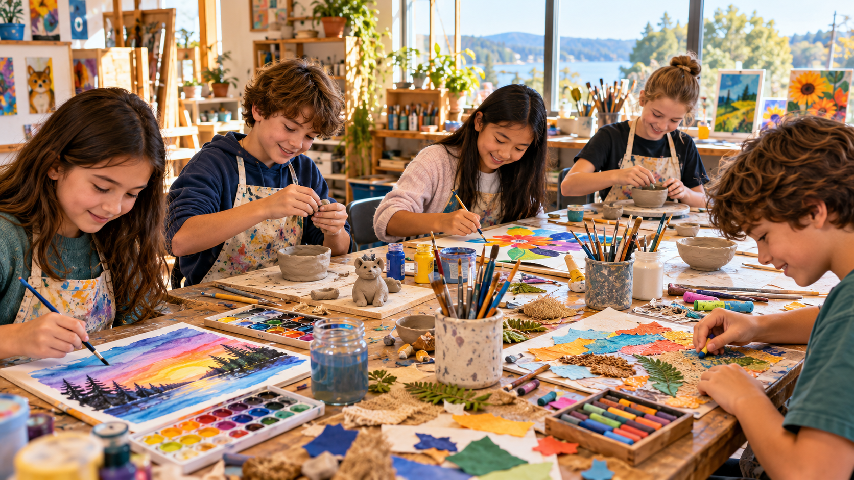 Five children aged approximately 9–12 creating artwork around a sunlit classroom table, painting colourful watercolour landscapes and flowers, shaping clay sculptures and assembling mixed-media collages with pastels, brushes and textured materials.