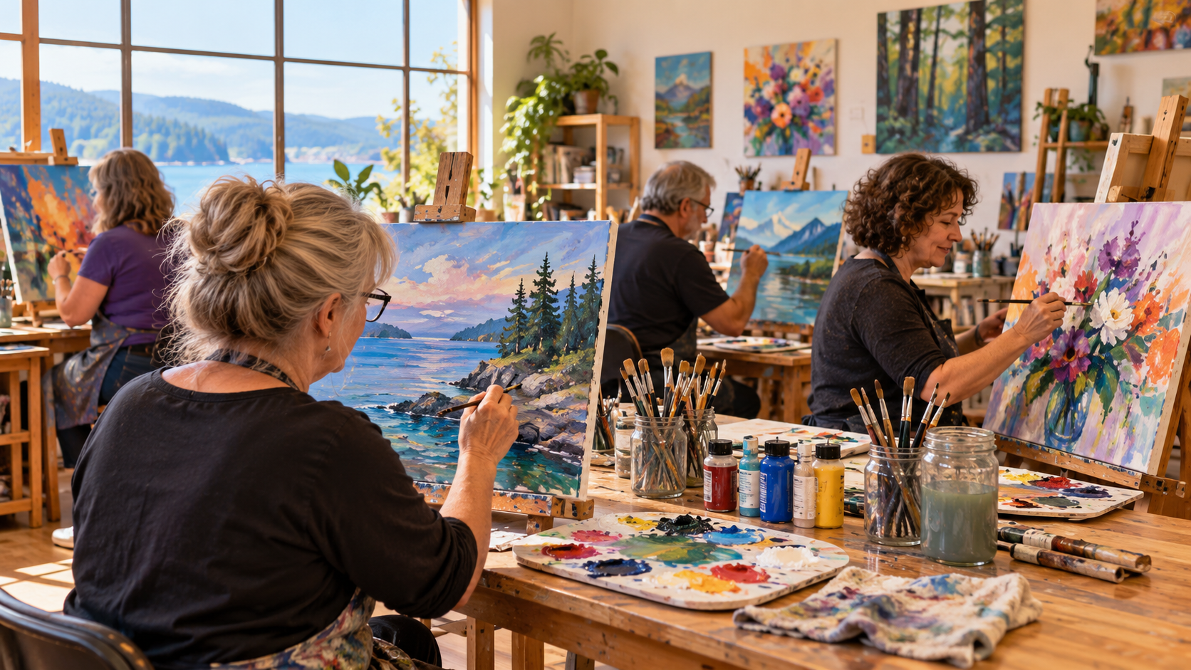 Four adults painting colourful acrylic artworks in a bright, sunlit art studio. Participants work at easels on coastal landscapes, mountain scenery, floral compositions and abstract paintings, surrounded by brushes, paint palettes and canvases.