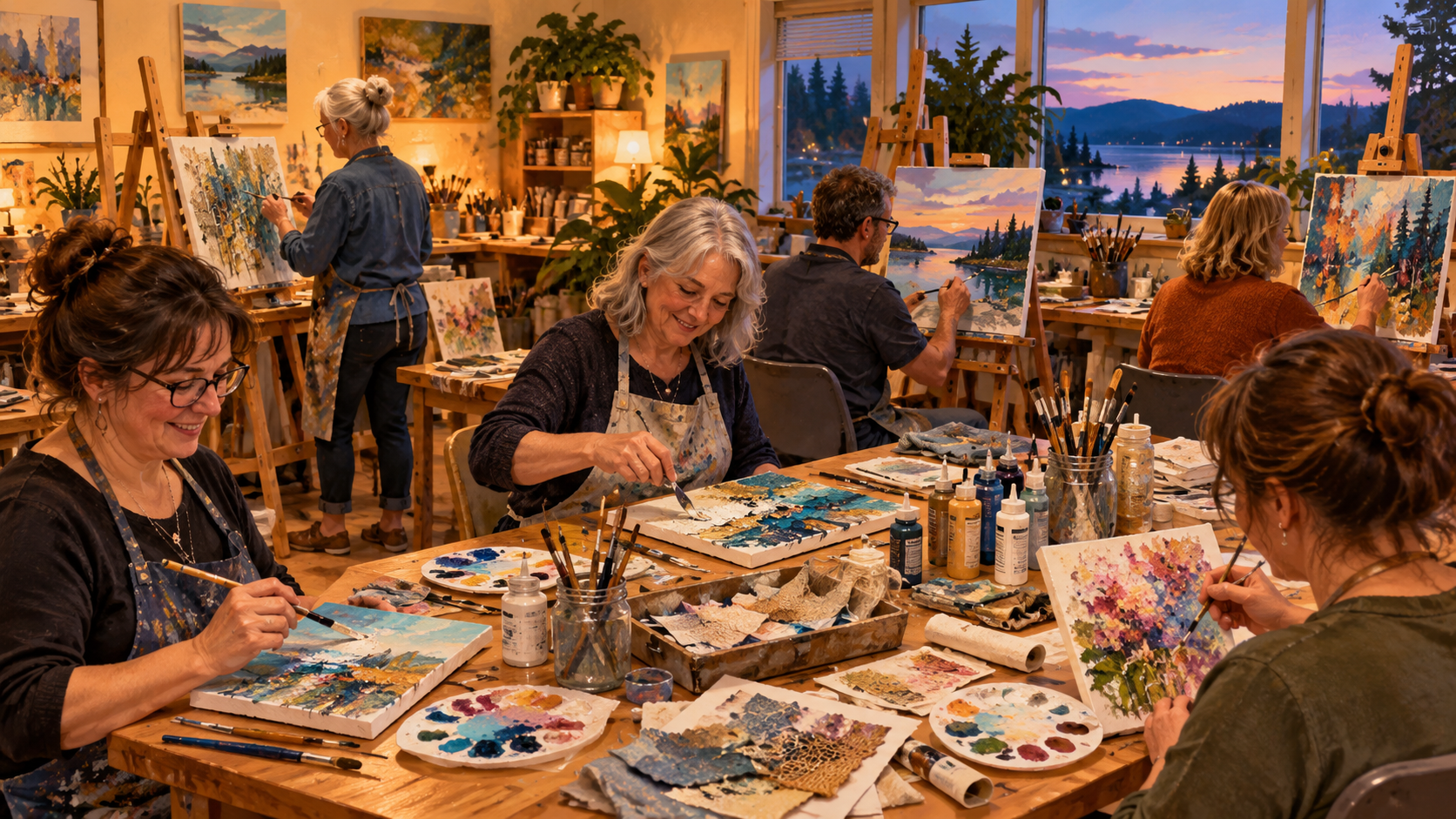 Six adults exploring acrylic painting in a warmly lit evening art studio, working on colourful landscapes, floral compositions and textured mixed-media canvases. Participants use brushes, palette knives and layered materials at easels and shared tables fi
