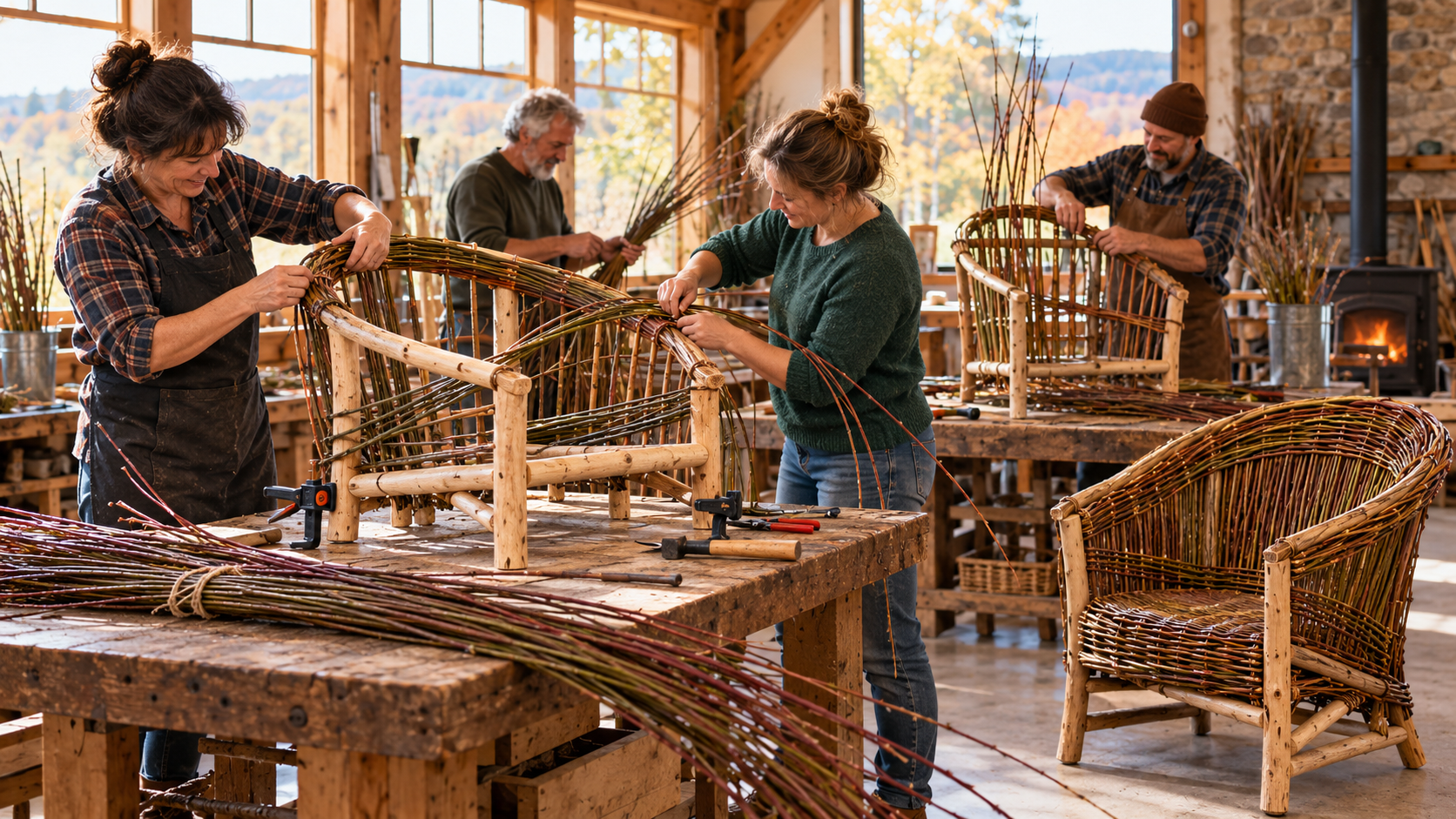 Four adults building rustic willow club chairs in a warmly lit workshop, bending and weaving willow branches around natural wooden frames. Partially completed chairs, bundled willow rods, hand tools and a finished woven chair are visible.