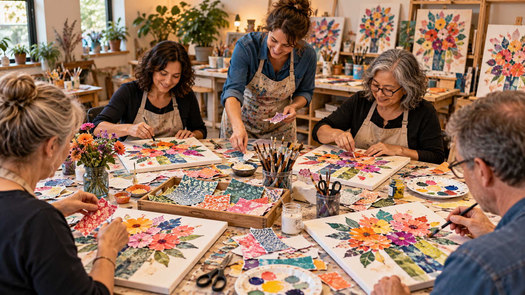 Five adults creating colourful flower bouquet collages in a bright art studio, layering torn patterned papers and acrylic paint onto canvases. Participants work around a shared table filled with brushes, paint palettes, scissors and hand-printed papers.