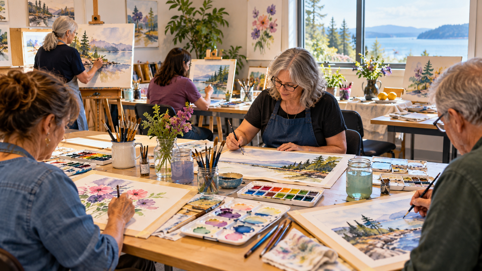Five adults practising watercolour painting in a bright, sunlit art classroom, creating colourful landscapes and floral compositions. Participants work with paintbrushes, watercolour palettes and paper at shared tables and easels, exploring soft washes, c