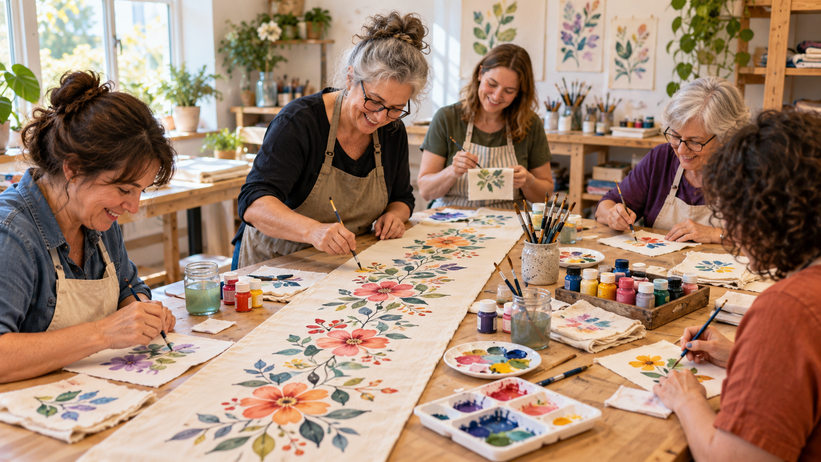 Five adults participating in a fabric painting workshop, creating colourful floral designs on a long cream-coloured table runner and smaller practice fabric pieces. Paintbrushes, fabric paints, palettes and jars of water cover the shared classroom table.