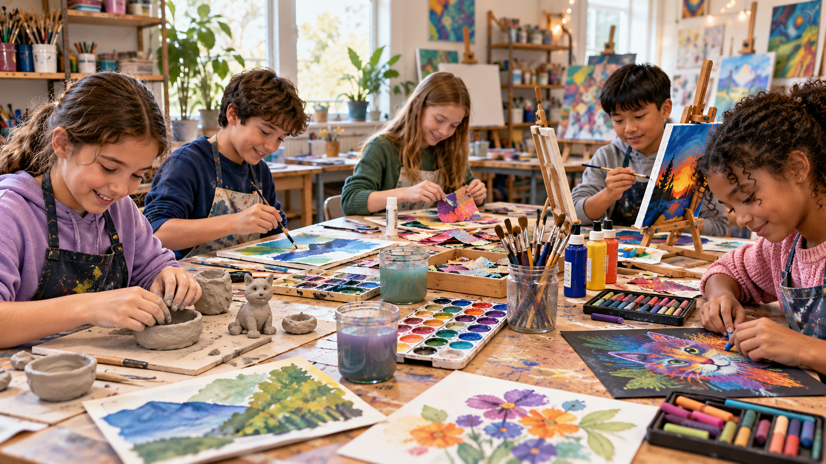 Five children aged approximately 9–12 creating colourful artwork in a bright, welcoming art classroom. Participants shape clay bowls and sculptures, paint landscapes with watercolours and acrylics, assemble mixed-media collages and draw with pastels aroun