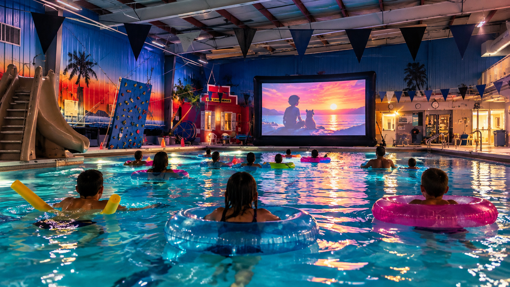 Community swimmers of mixed ages relaxing in an indoor pool while watching a movie on a large screen.