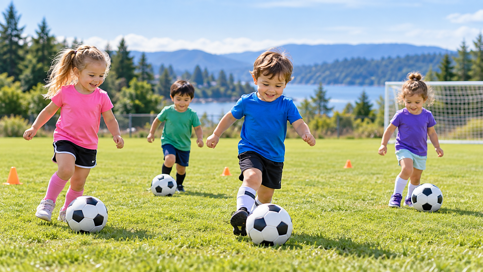 Young children ages 3 to 4 practicing soccer with balls on a sunny grass field in Ladysmith.