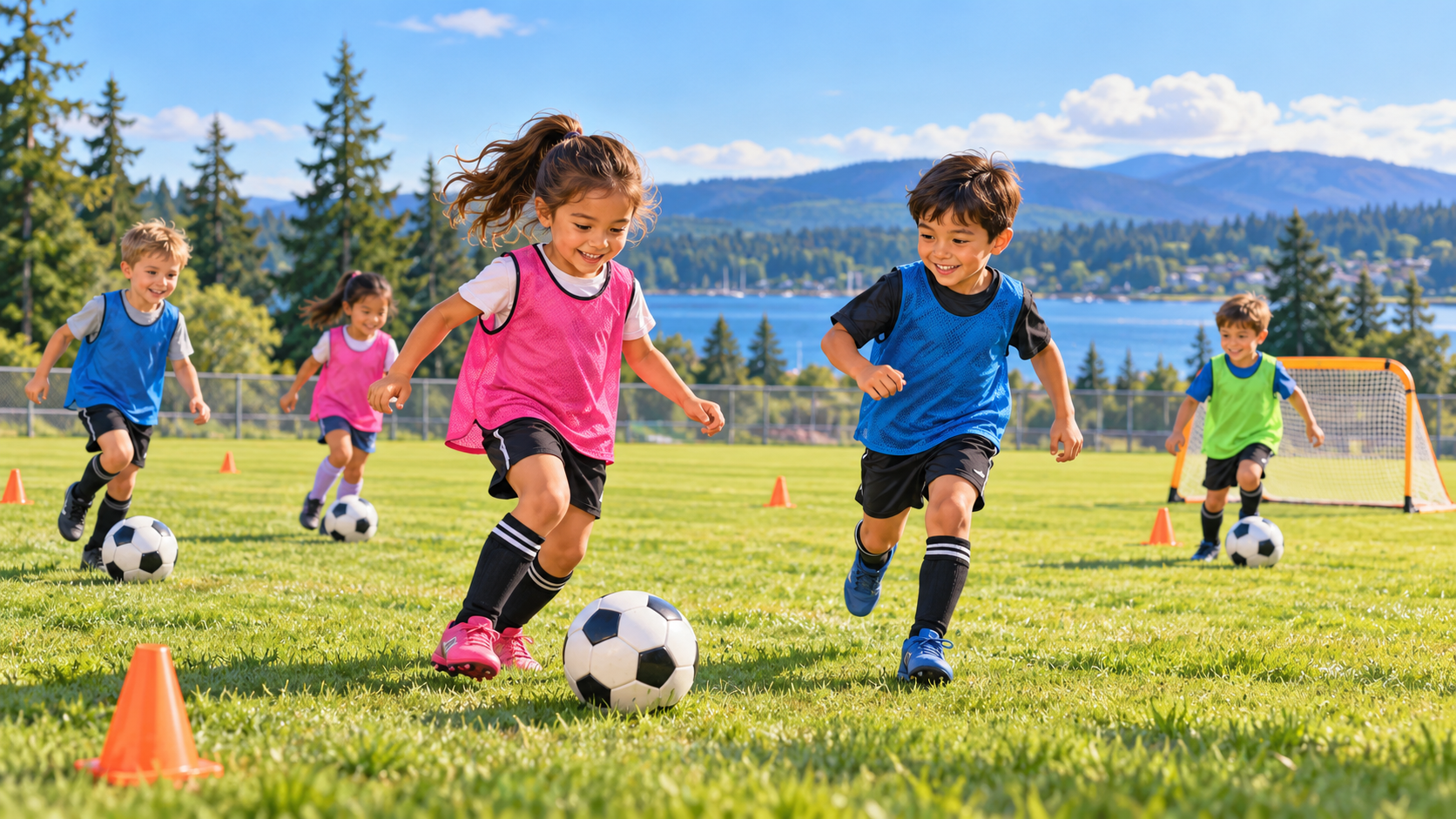 Children ages 5 to 7 practicing soccer skills and playing with soccer balls on a grass field in Ladysmith.