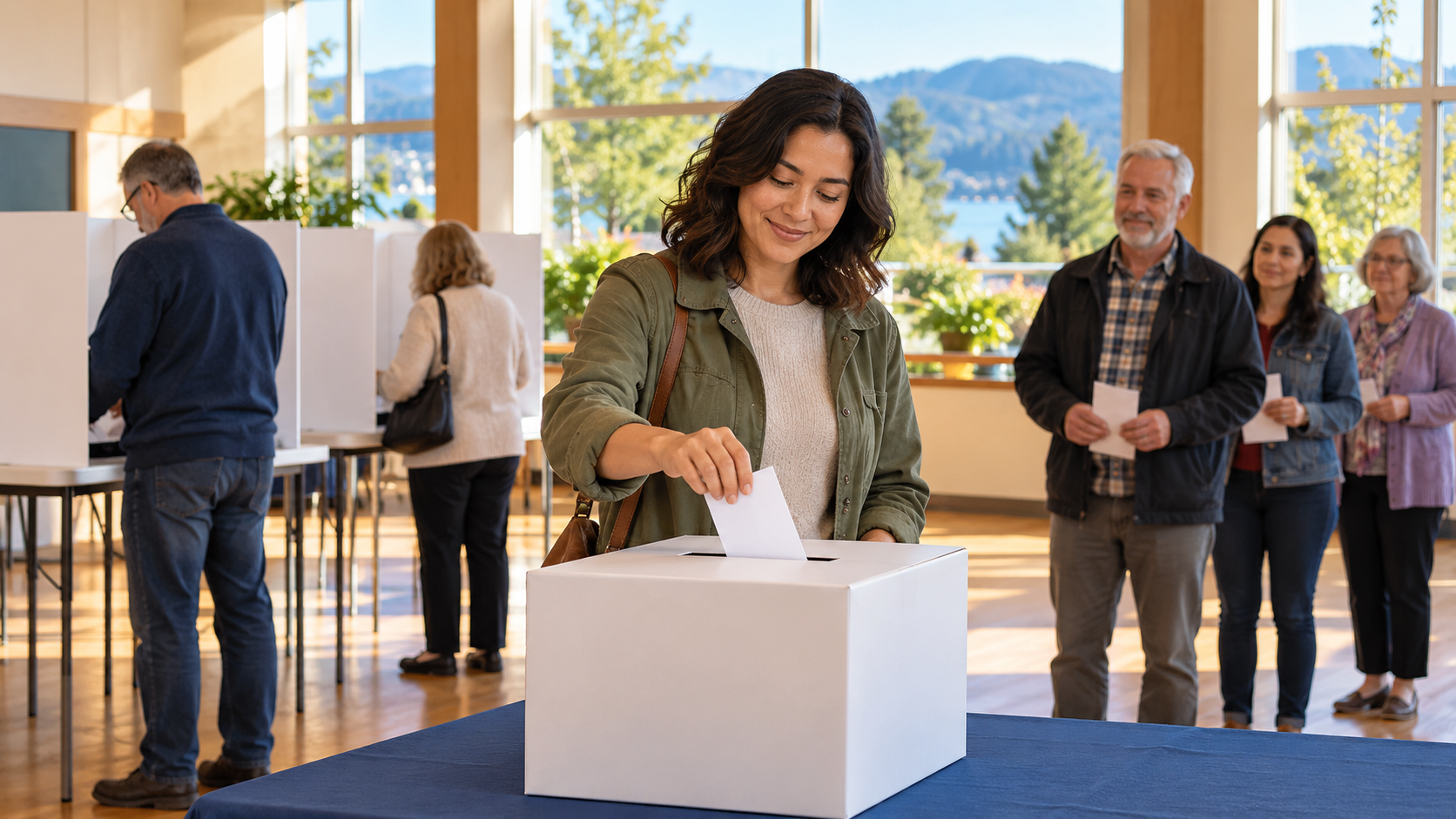Adult voter placing a ballot into a ballot box inside a bright community hall, with other adult voters waiting nearby and private voting booths visible in the background.