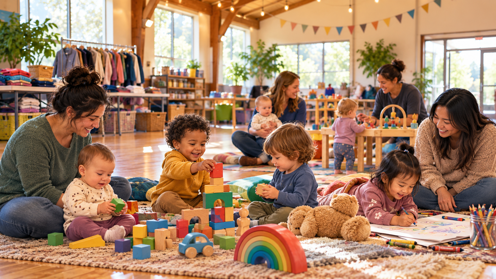 Caregivers and young children gathered in a bright community hall for a drop-in morning play program, with toddlers building blocks, drawing, and exploring toys while adults connect nearby.