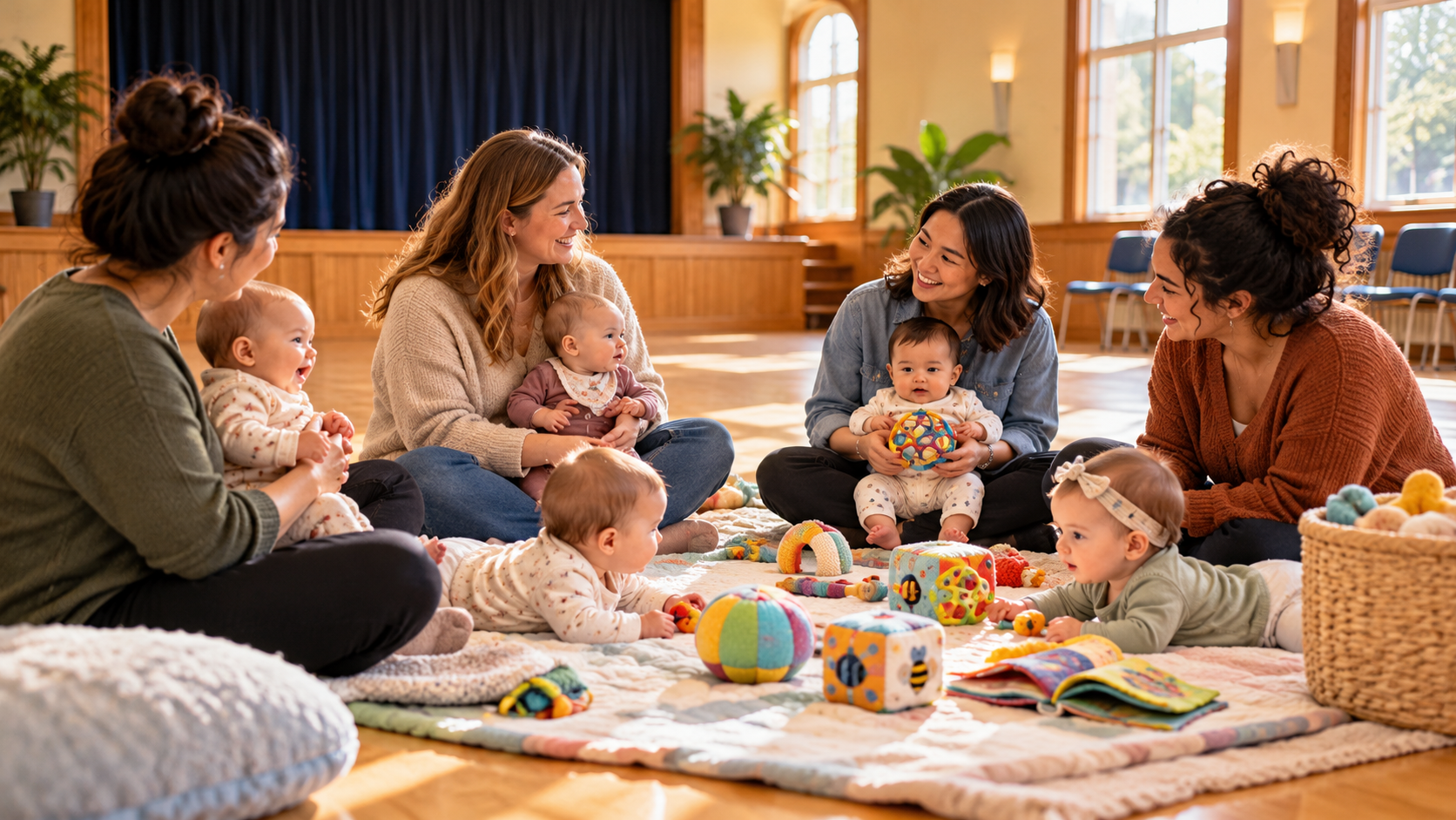 Caregivers sitting together with babies and pre-walking infants on soft floor mats in a bright community hall, sharing toys and conversation during a relaxed drop-in gathering.