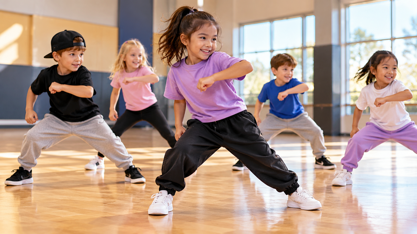 Children ages 5–7 practicing beginner hip hop dance moves together in a bright indoor recreation space, wearing casual clothing and moving as a group.