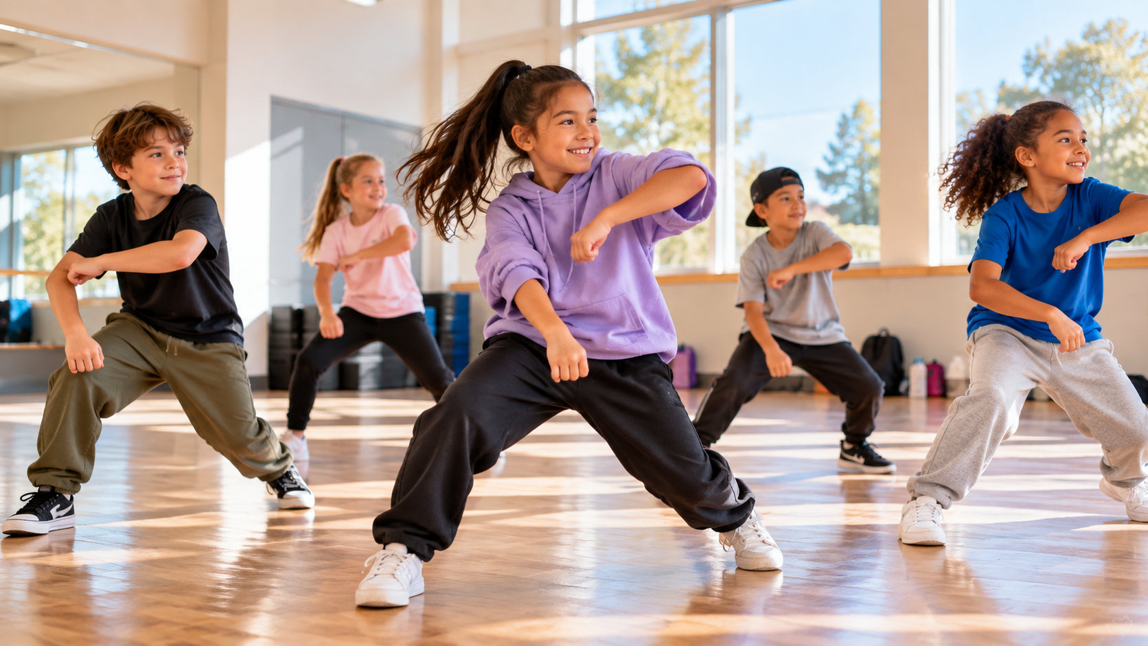 Children ages 8–10 practicing beginner hip hop dance moves together in a bright recreation studio, following a coordinated group routine with plenty of open floor space.