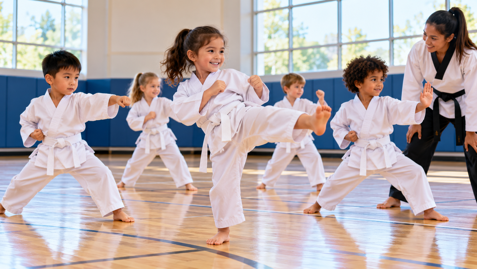 Children ages 5–9 practicing introductory taekwondo moves in a bright gymnasium, including kicks, punches and blocking positions while an instructor supervises nearby.