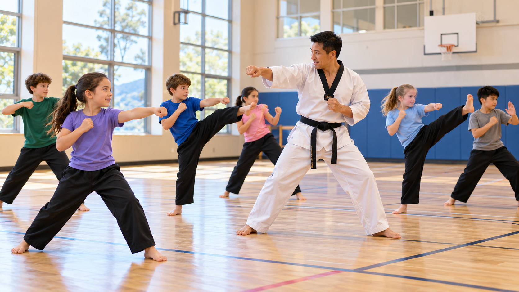 Children ages 9–13 practicing introductory taekwondo and self-defence techniques in a bright gymnasium, including punches, kicks and blocking positions while an instructor demonstrates nearby.