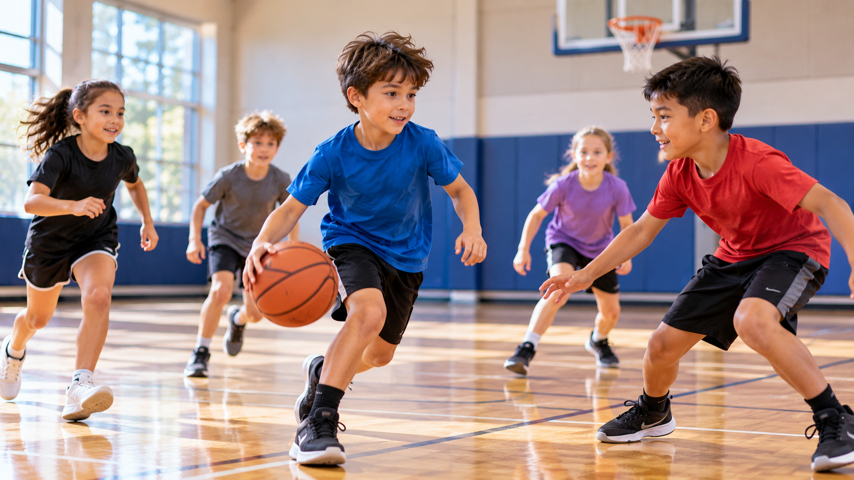 Children ages 8–10 playing basketball together in a bright indoor gymnasium, with one child dribbling while others defend and move into position during a friendly game.