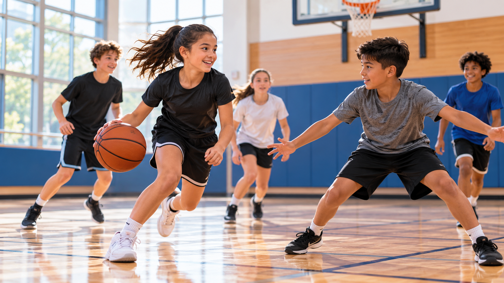 Children ages 11–13 playing basketball together in a bright indoor gymnasium, with one player dribbling while another defends and teammates move across the court.