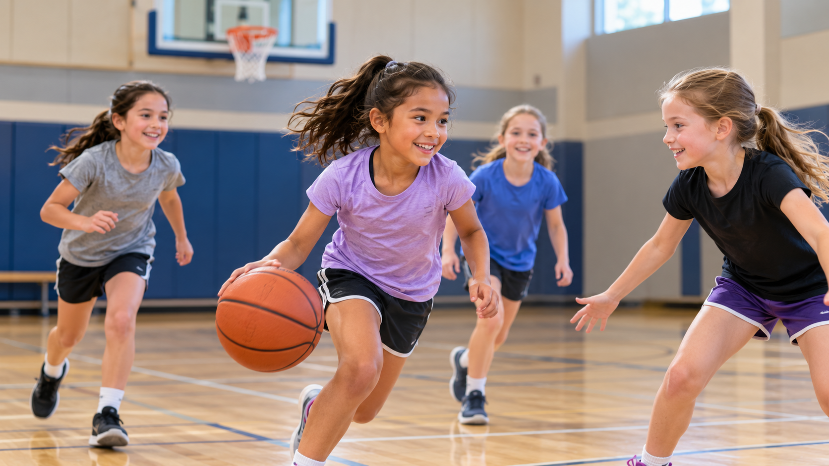 Girls ages 8–10 playing basketball together in an indoor gymnasium, with one player dribbling while another defends and teammates move across the court.