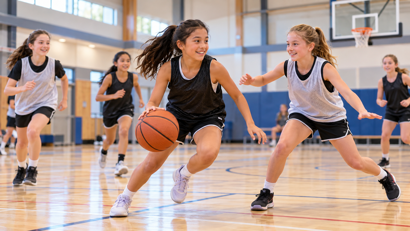 Girls ages 11–13 playing basketball together in an indoor gymnasium, with one player dribbling while another defends and teammates run into position.