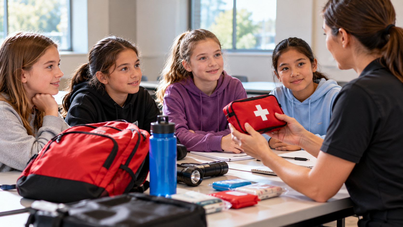 Youth ages 9–13 taking part in a safety skills session in a bright meeting room, listening to an instructor demonstrate emergency preparedness items around a table.