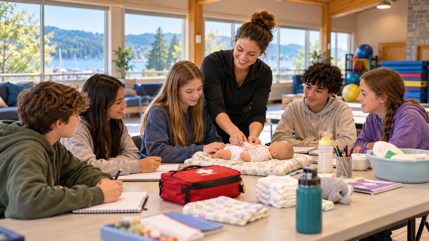 Youth ages 11–16 taking part in a babysitting training session in a community recreation room, watching an instructor demonstrate infant care with a training doll while notebooks and care supplies are arranged on the table.