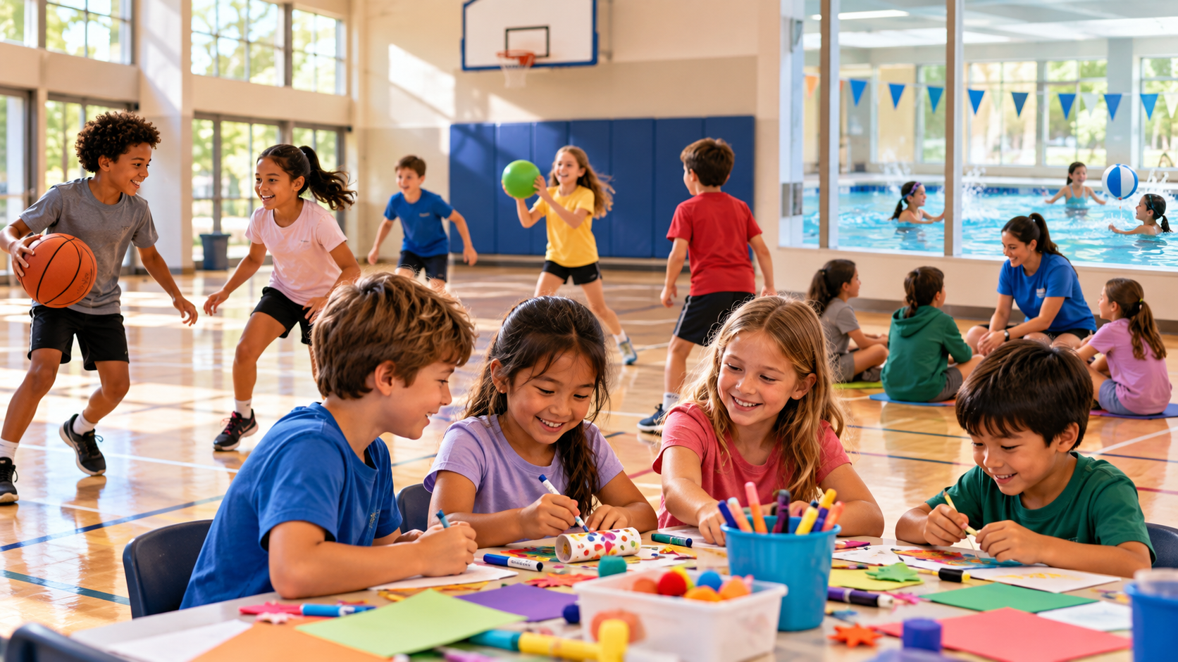 Children ages 5–12 taking part in a Pro-D day camp at a community recreation centre, with some playing sports in the gym, others working on crafts, and swimming visible in the adjacent pool area.