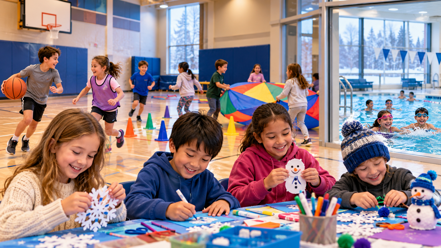 Children ages 5–12 enjoying a winter day camp at a community recreation centre, with some making seasonal crafts, others playing active games in the gym, and children swimming in the adjacent pool.