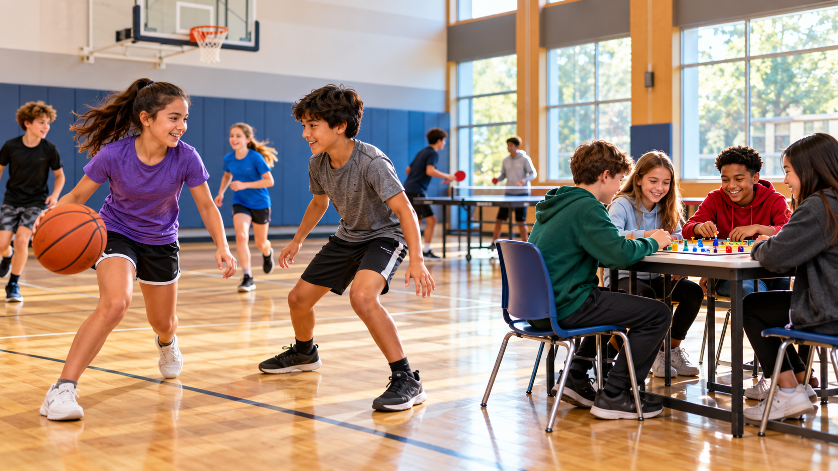 Pre-teens ages 10–14 enjoying a drop-in recreation program in a community gym and rec room, with some playing basketball and others gathering around table games.
