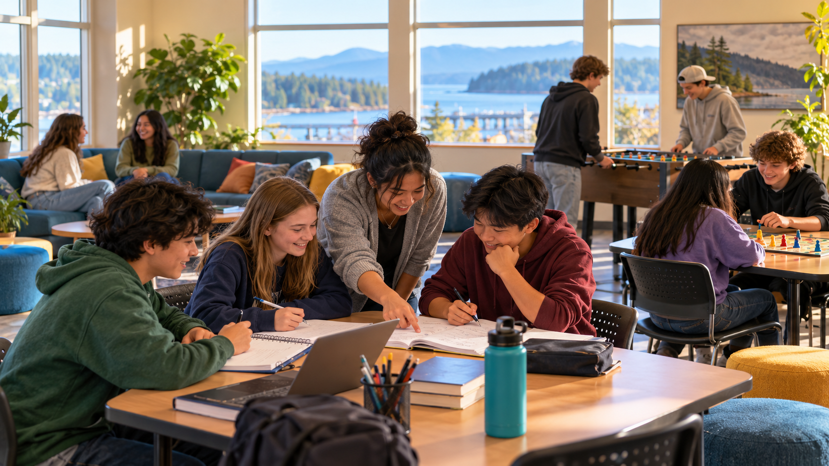 Teens ages 11–18 working together on homework in a welcoming community rec room, with tutoring support, social conversation and table games nearby.