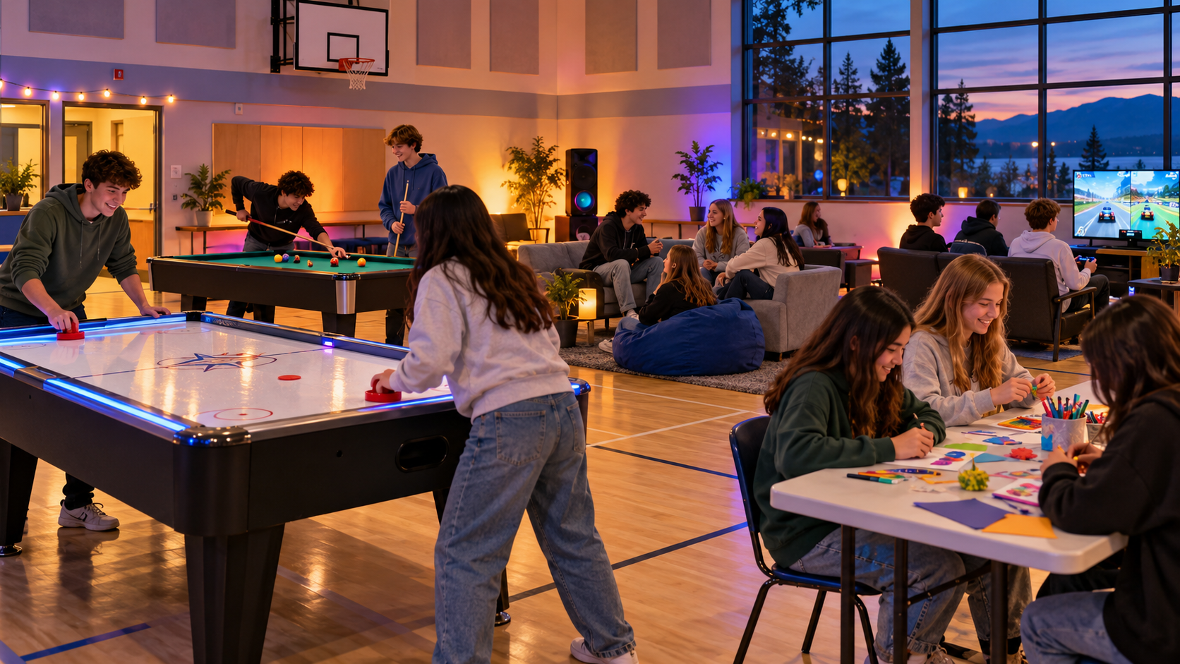 Youth ages 12–18 enjoying an evening drop-in at a community recreation space, with air hockey, pool, video games, crafts and relaxed social time.